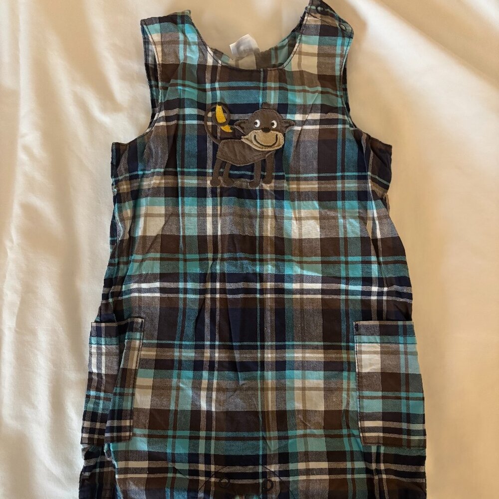 Carter's 18 months blue & brown plaid tank shorts overall with pockets & monkey